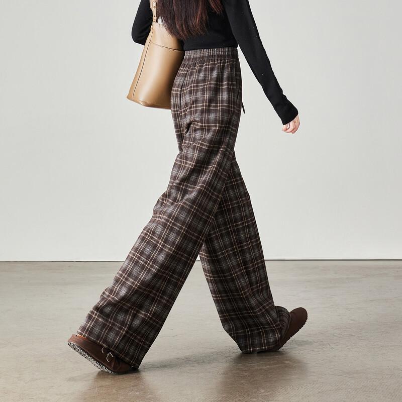 SOFSIL Women's Vintage Plaid High-Waisted Wide-Leg Trousers