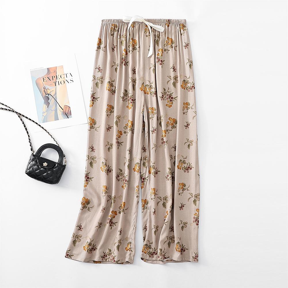 Women's Pajama Bottoms Floral Print Cuff Pants Wide Leg Pj Pants Elastic Waist Sleep Pants Loungewear Nightwear