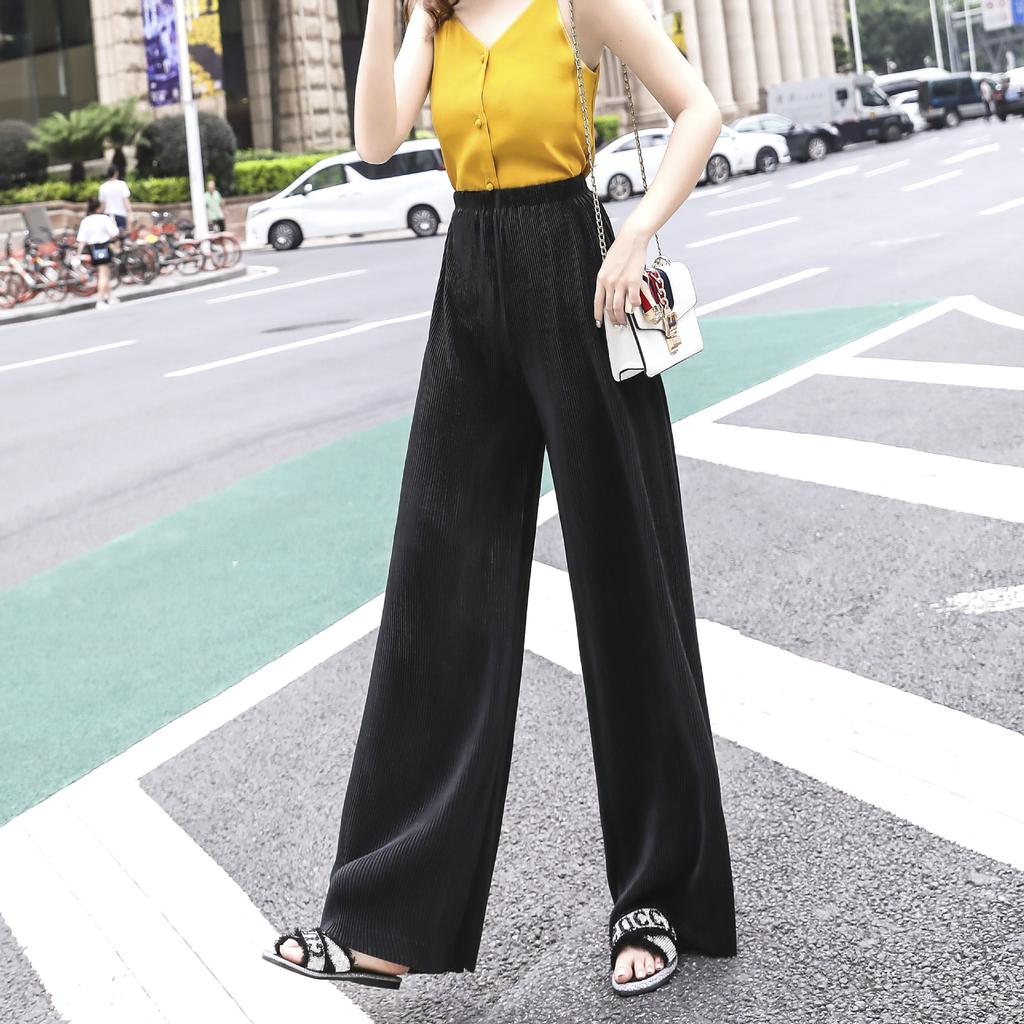 Women's Mid Waist Pleated Chiffon Wide Leg Long Pants High Drape Loose Casual Vacation Trousers