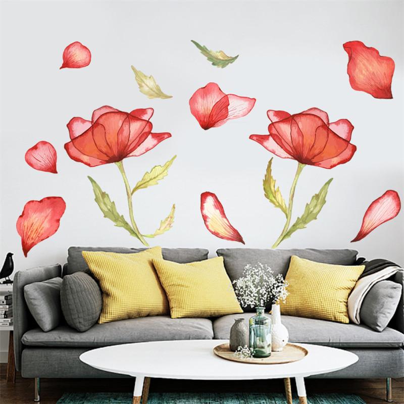 4sheets/set Wall  Stickers Of Removable Poppy Watercolor Inkjet For Bedroom Living Room Decoration