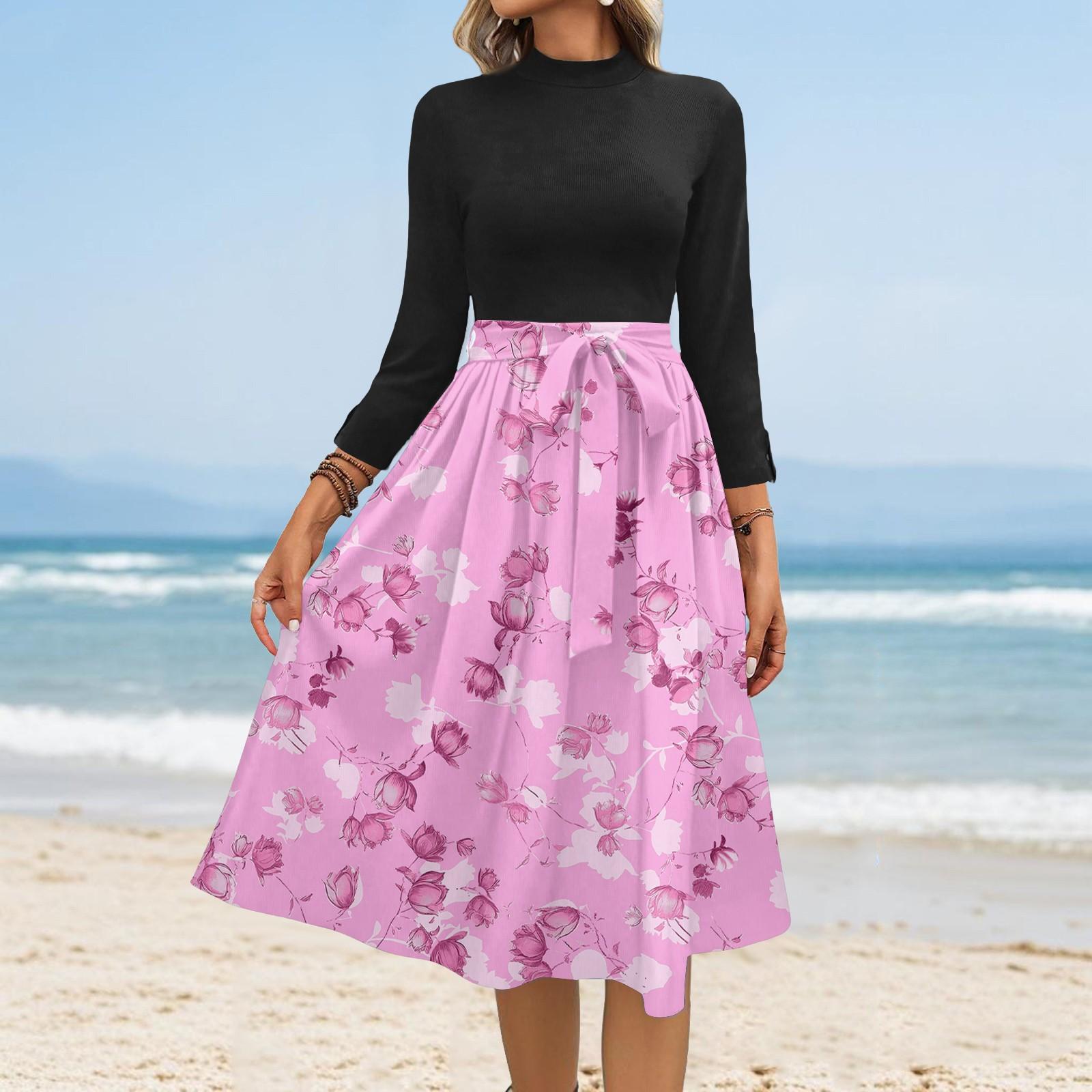 

Women s Fashion Casual Belt Seven Sleeve Round Neck Floral Temperament Dresses XXL