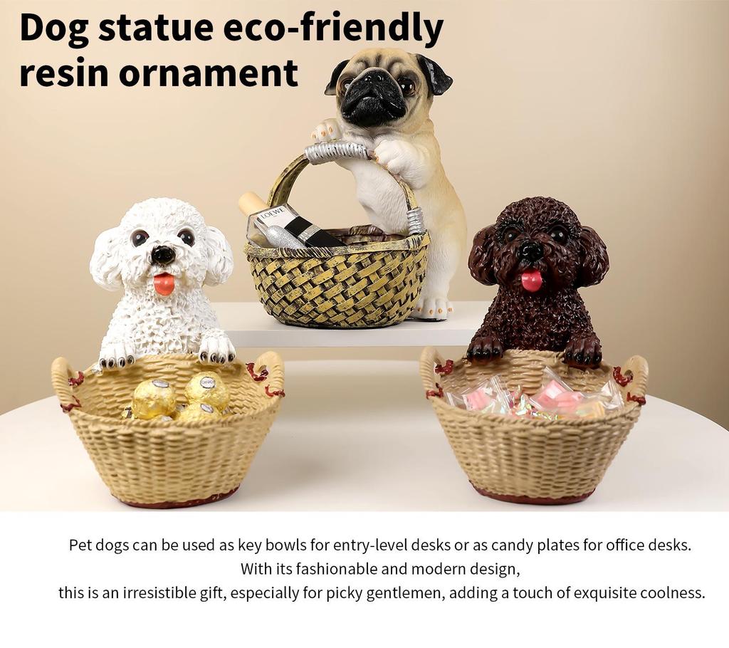 Resin Dog Figurine Basket - Home Decoration Ornament (Poodle, Myna, Bulldog)