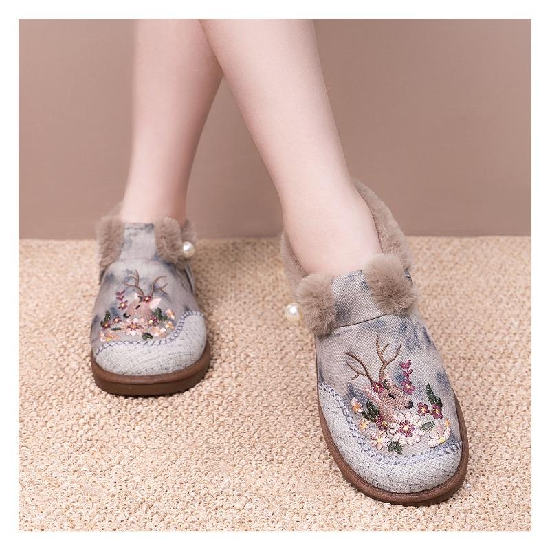 Cotton Shoes, Winter Women's Ethnic Style Women's Boots, Fashion Embroidered Boots, Warm and Comfortable Boots, One-foot Pumps