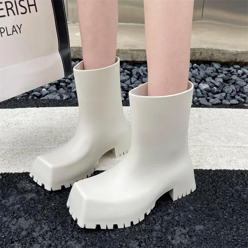 Luxury Women Boots Designer Boots Waterproof Non-slip Short Boot Square Toe Soft Leather Comfy Women Platform Rain Boots