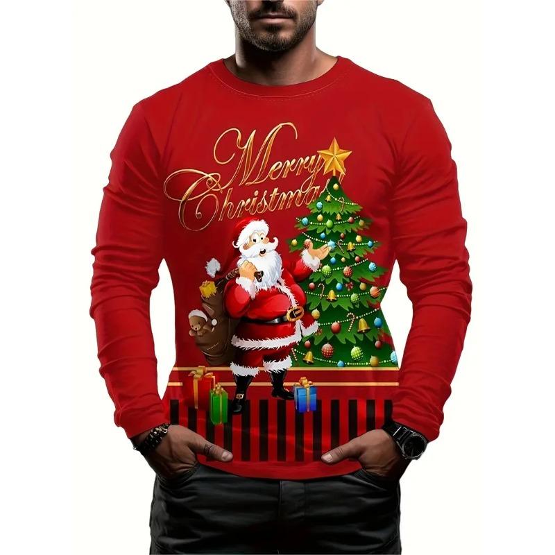 Spring and Autumn Round Neck 3D Printed Top Christmas Costume Fashionable Casual Long Sleeved Men's T-shirts