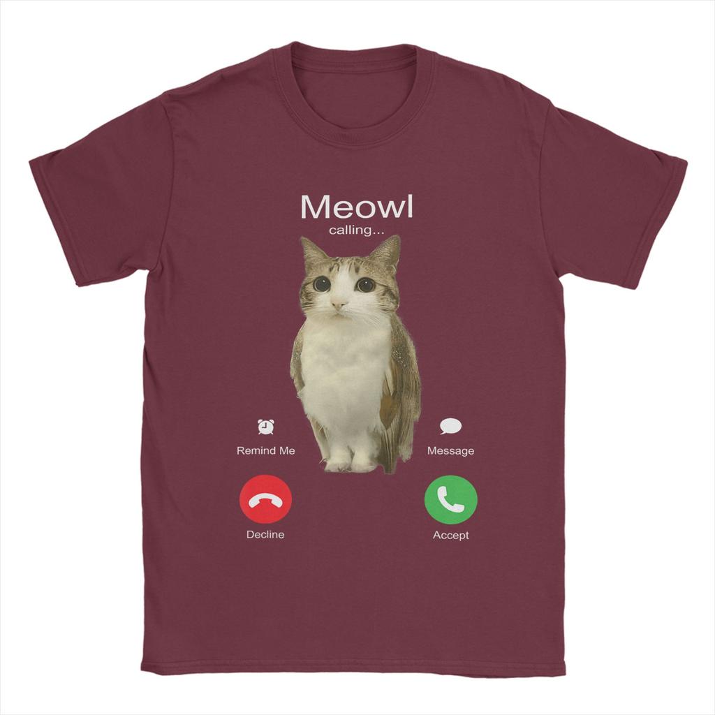 Men TShirt Meowl Is Calling Phone Call Meme Brainrot Funny Cat Owl Cotton Tees Short Sleeve T Shirts Round Neck Clothing