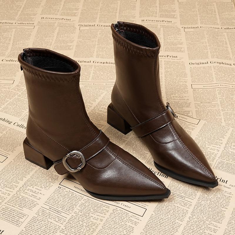 Metal Buckle Block Heel Single Boots Fashion Pointed Toe Rear Zipper Anti-Slip Wear-Resistant