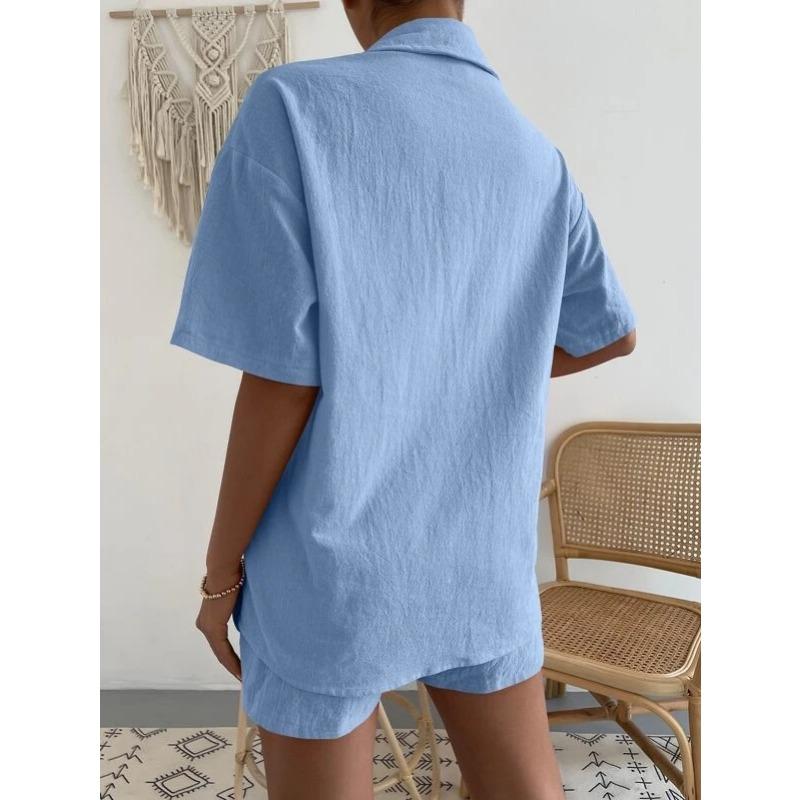 IHUASU Cotton and Linen Fashion Set, Solid-color Pocket Patch Off-the-shoulder Shirt and Shorts, Solid-color Short-sleeved Shirt