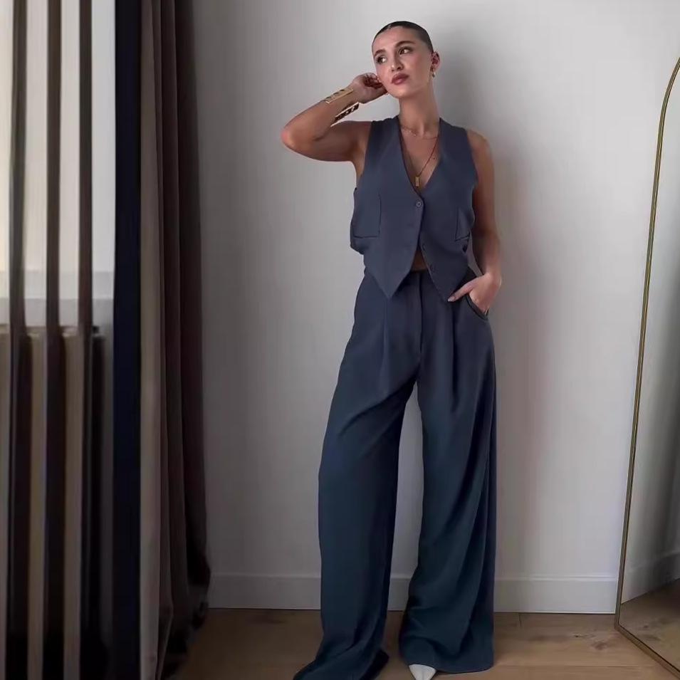 

Летний комплект без рукавов: сексуальный жилет с открытой спиной и брюки с высокой талией и широкими штанинами XXXL темно-синий