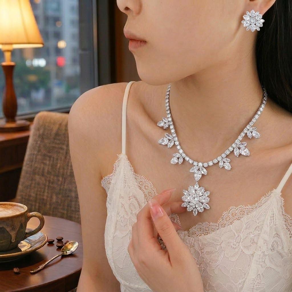 European and American Style Zircon Sunflower Necklace and Earrings Set for Women