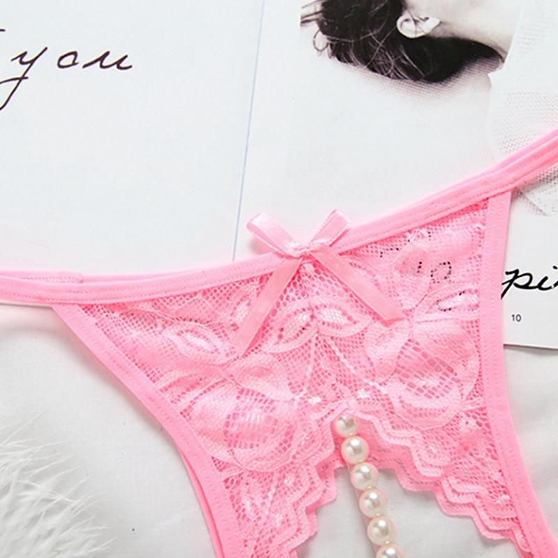 1Pc Pearl Transparent Lingerie Nylon Sexy Women Thongs Underwear Solid Color Lace Panties Open Crotch Briefs