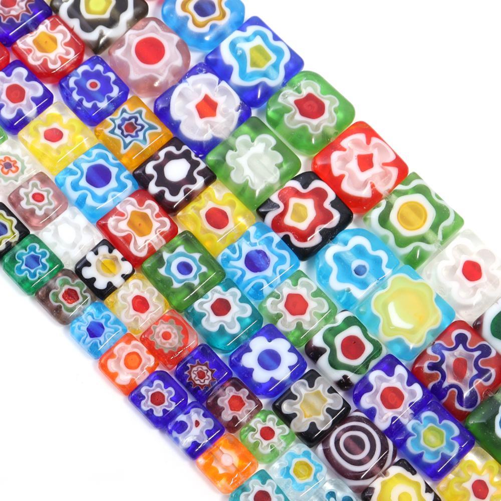 Thousand Flower Lampwork Beads Colored Square Spacer Loose Beads Glass Beads For Jewelry Making DIY Crafts Bracelet Findings