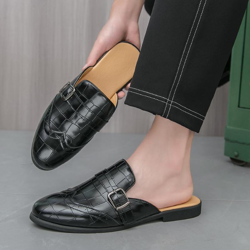 Men s Slippers Mule Sandals Clogs Summer Flats Dress Shoes Black Sandals Casual Backless Leather Shoes Large Size 38 чёрный