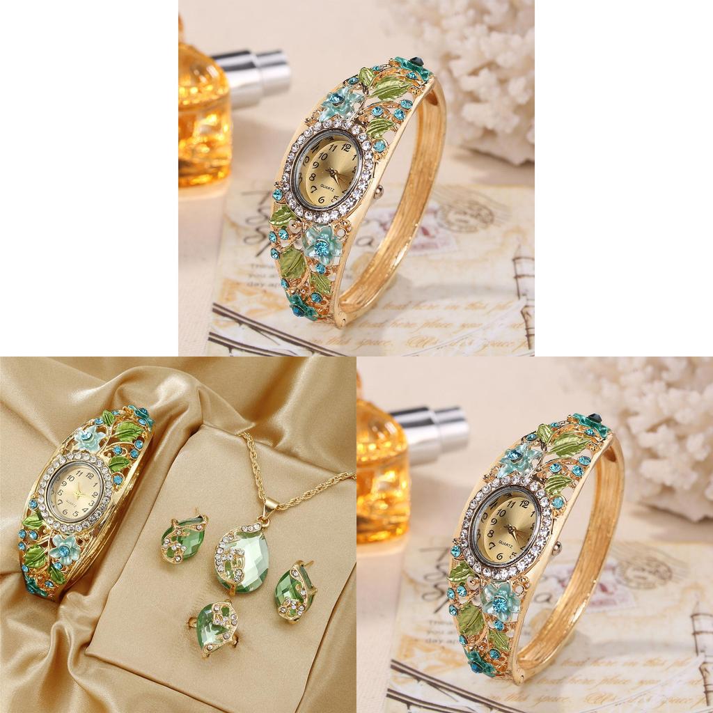 Vintage Cloisonne Floral Ladies Watch Jewelry Set With Quartz Movement For Elegant Wear