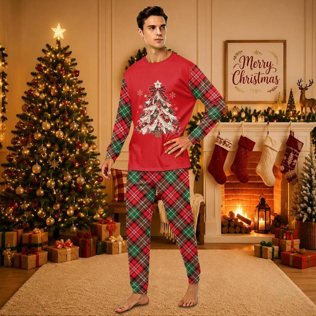 Christmas-print long-sleeve and long-pant matching family loungewear set