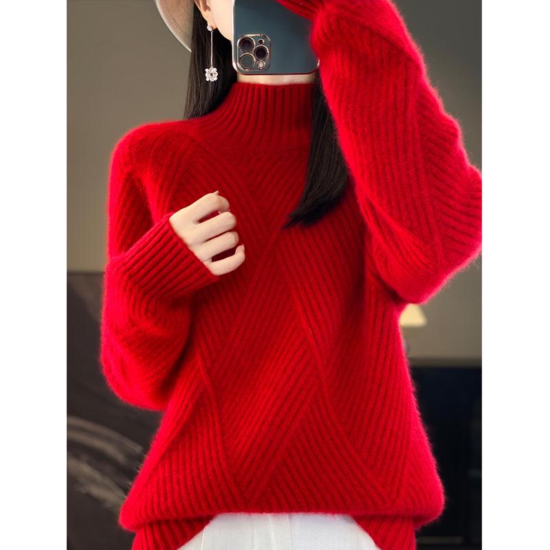 Women's Autumn & Winter Thick Cashmere Wool Sweater - Half-High Collar, Diamond Jacquard, Long Sleeve, Loose Fit