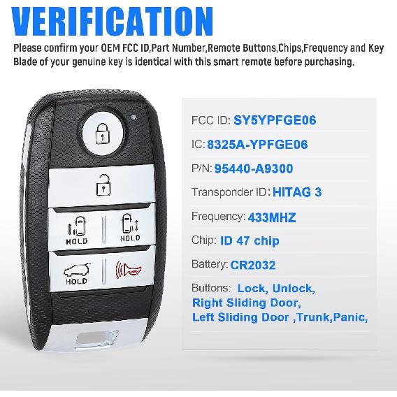 Keyless Entry Remote 6 Buttons Proximity Key Fob Replacement for Kia Sedona 2015 2016 2017 2018 2019 2020 2021(FCC:SY5YPFGE06 P/N:95440-A9300 ID47