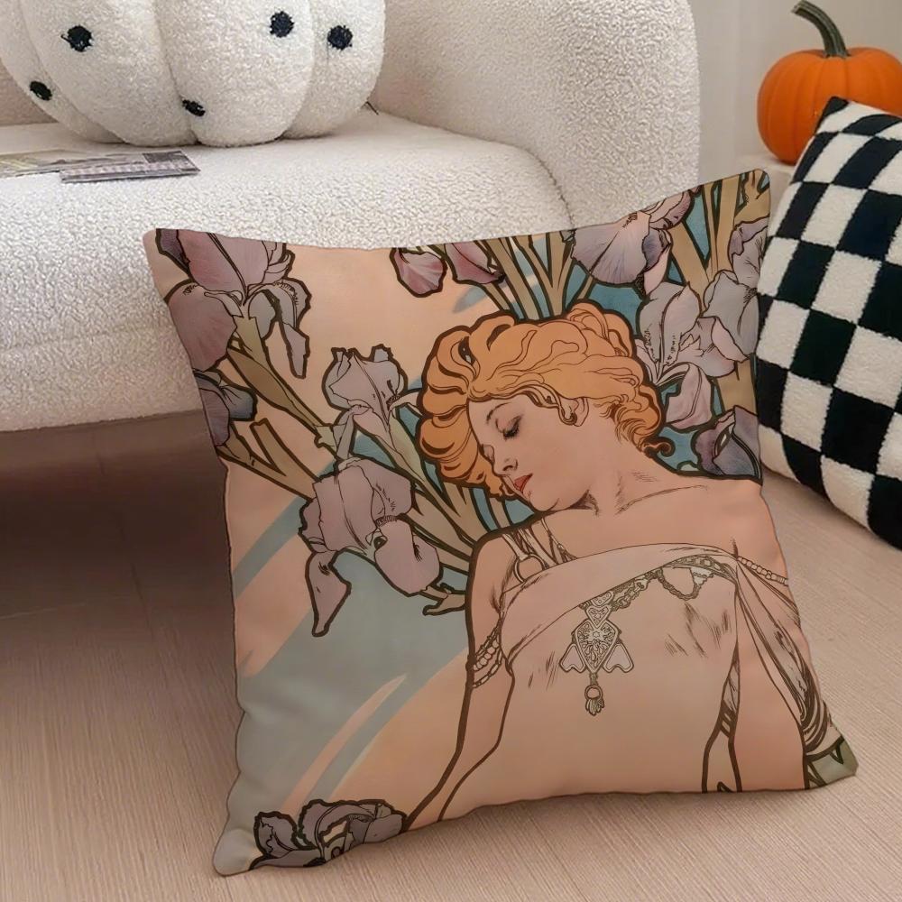 A-Alphonse Maria M-Mucha Cushion Cover Linen Pillow Case Soft Breathable Protective Couch Room Decoration