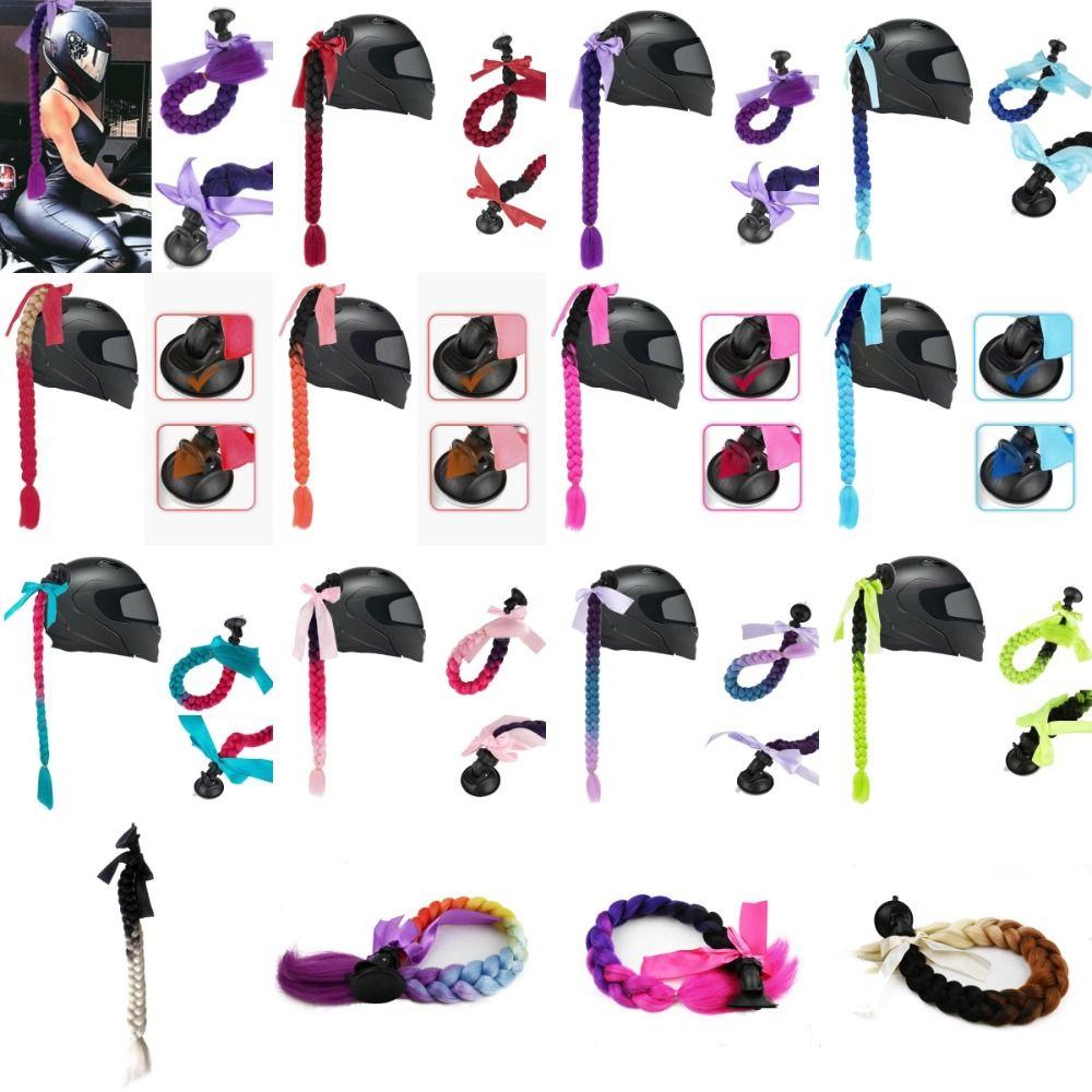 with Suction Cup Synthetic Helmet Pigtails with Bowknot Motorcycle Helmet Braids Wig Woman