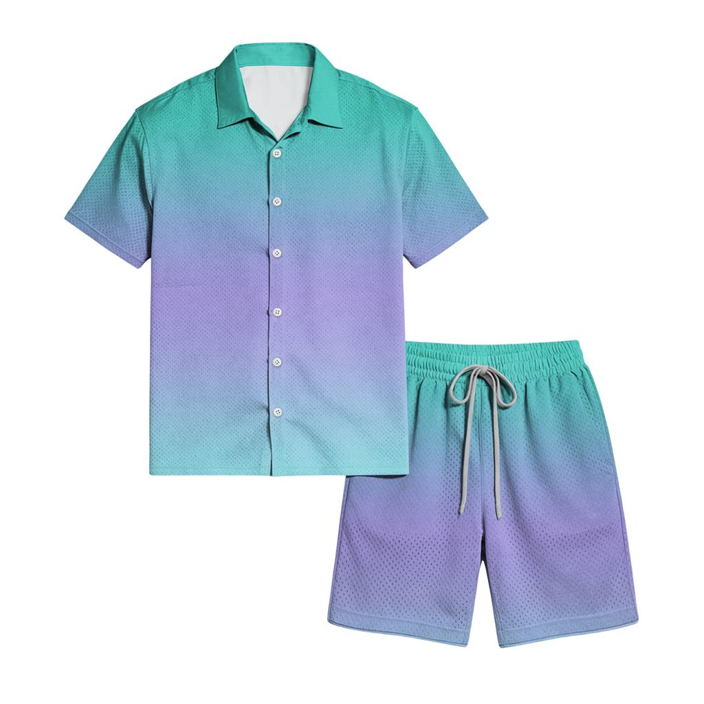 Men's Casual Short Sleeve Button Down Shirt and Drawstring Shorts Set Lightweight Breathable Summer Outfit with Gradient Design