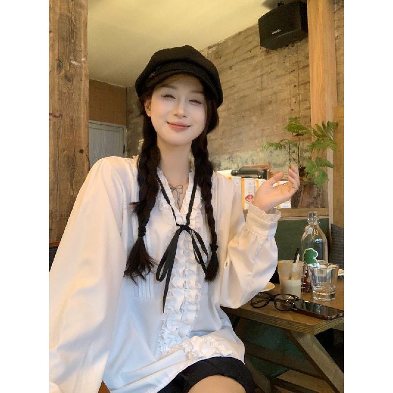 Retro V-neck tie bow blouse for women, spring and summer long-sleeve design with ruffled lace top