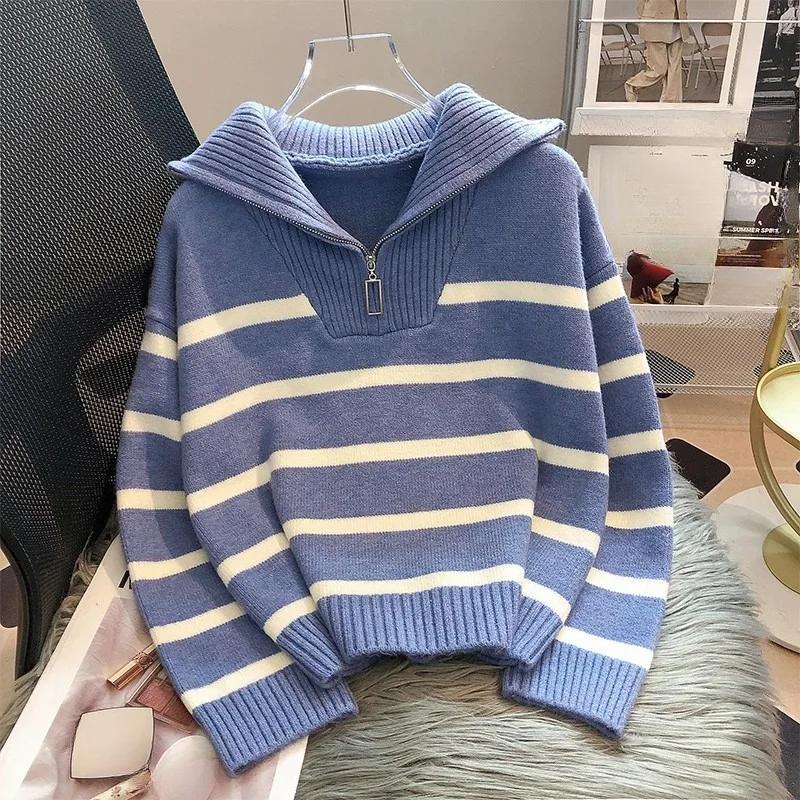 Female Pullover Knit Loose Clothing Zipper Pullovers Shirts and Blouses Long Sleeve Autumn Winter