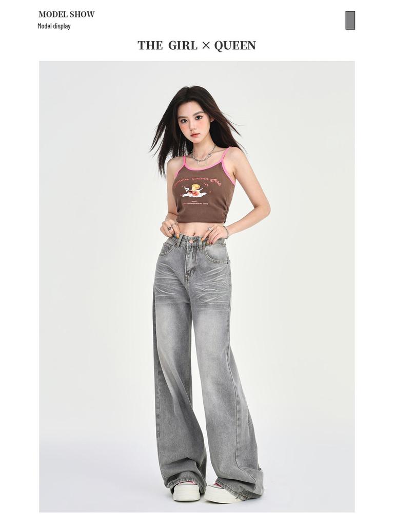 Women's 2025 Spring Gray Low-Rise Wide-Leg Retro Petite Jeans