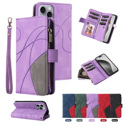 Applicable To iPhone16 Leather Case 17Pro Two-color Splicing Nine-card Multi-function Zipper Wallet Protective Case 14plus