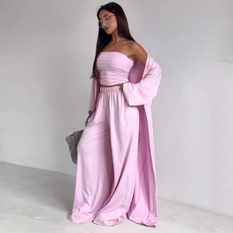 2025 Summer Women’s Strapless Vest, Long Cardigan, and Wide-Leg Pants Set