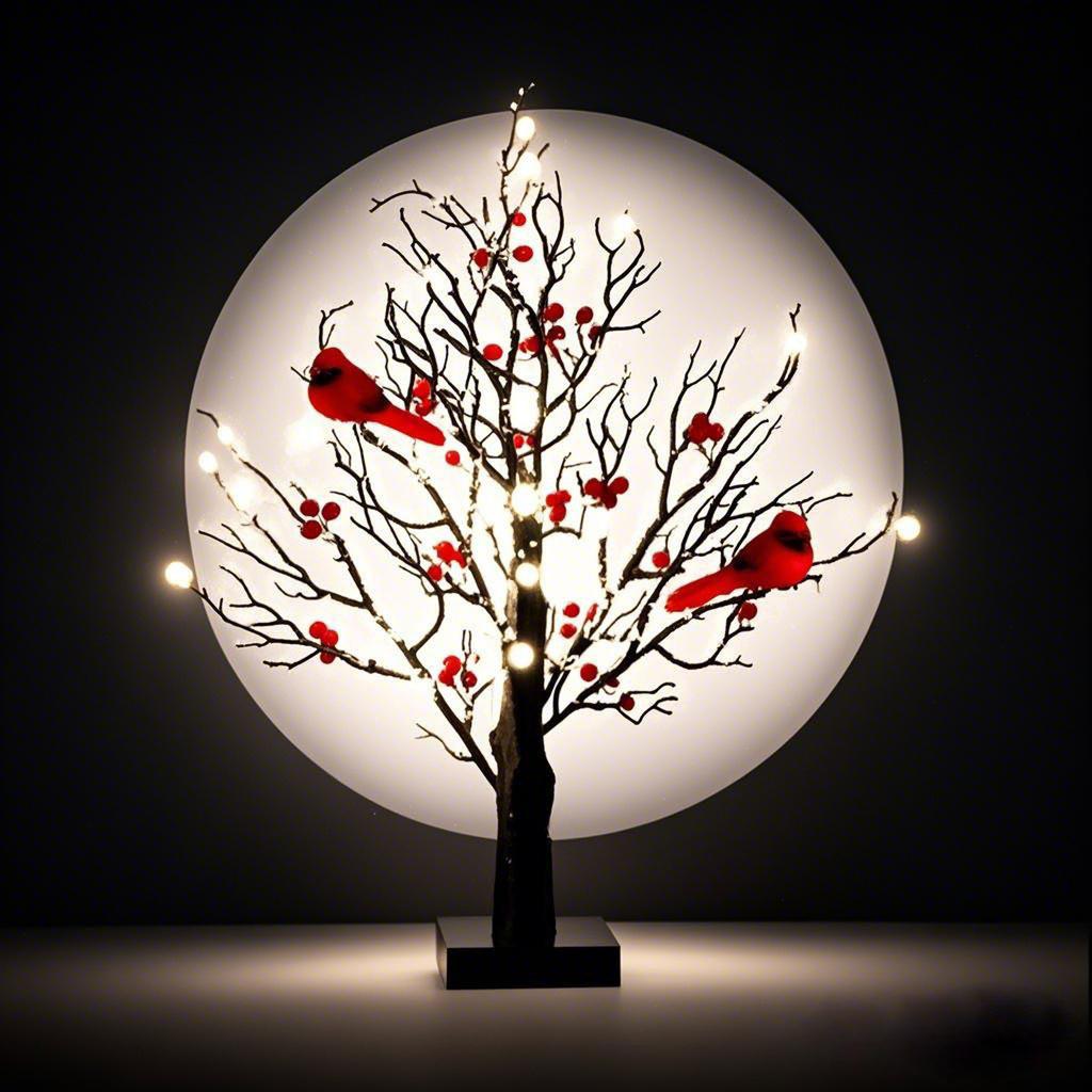 LED Vintage Glowing Tree W/ Cardinals Artificial Birch Lighting With Red Berry & Bird Parrots Twinkle Tree Lamp Xmas Party Decor
