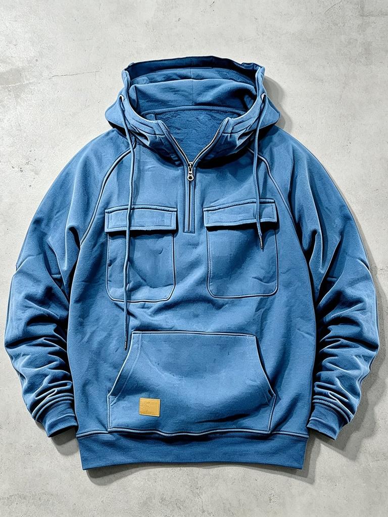 Men's Retro Workwear Hoodie Half Zip Oversize Multi-Pocket Solid Color Pullover Casual Streetwear