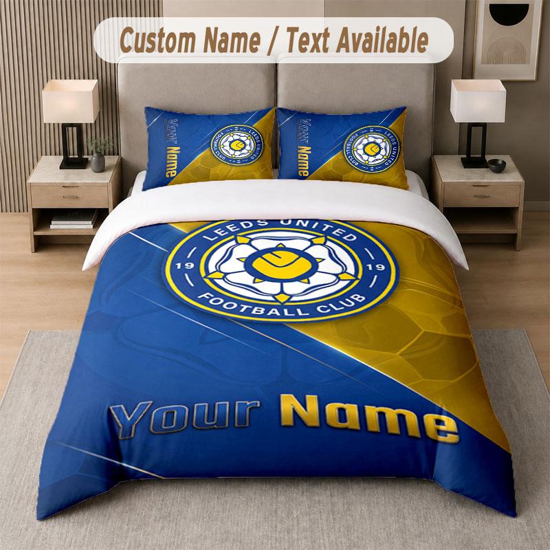 Ensemble de literie personnalisé Motif Leeds United, Impression Nom Texte 1 Housse de couette plus 2 Taies d'oreiller Textile de maison
