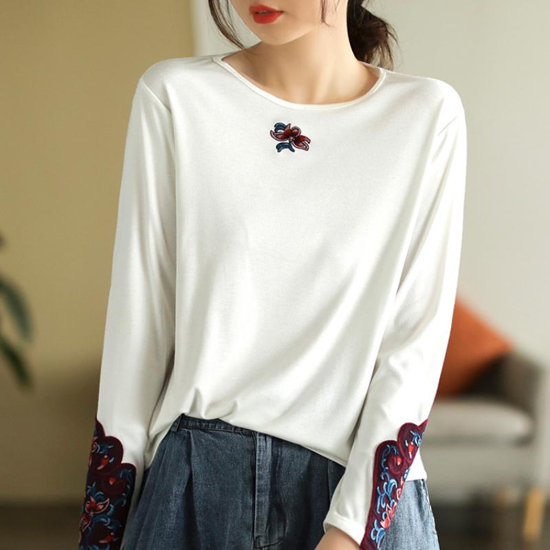 Pure Cotton Ethnic Style Embroidered Long-sleeved T-shirt for Women Autumn New Round Neck Pullover Bottoming Shirt