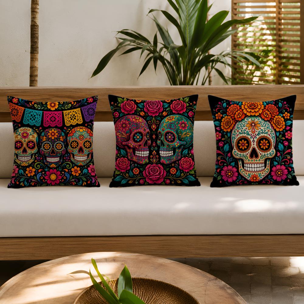 Halloween Sugar Skull Cushion Cover Organic Short Plush Cushion Covers Machine Washable Wrinkle-Resistant Soft Durable