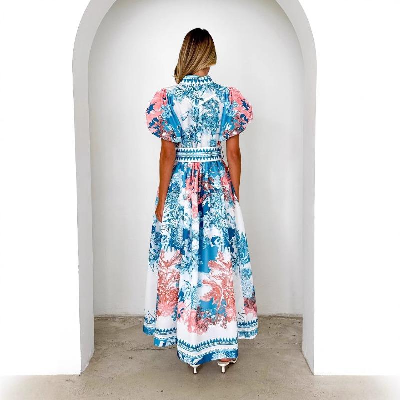 VEZFAA Women's Fashion Summer Spring Flower Pattern Print Short Sleeve V-Neck High Waist Casual Dresses