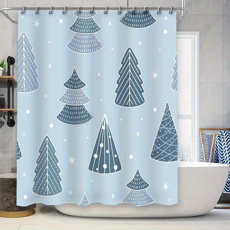 

Christmas Shower Curtain - Blue Gray Trees & Snowflakes, Waterproof Modern Bath Decor for Spa Holidays 90x180cm