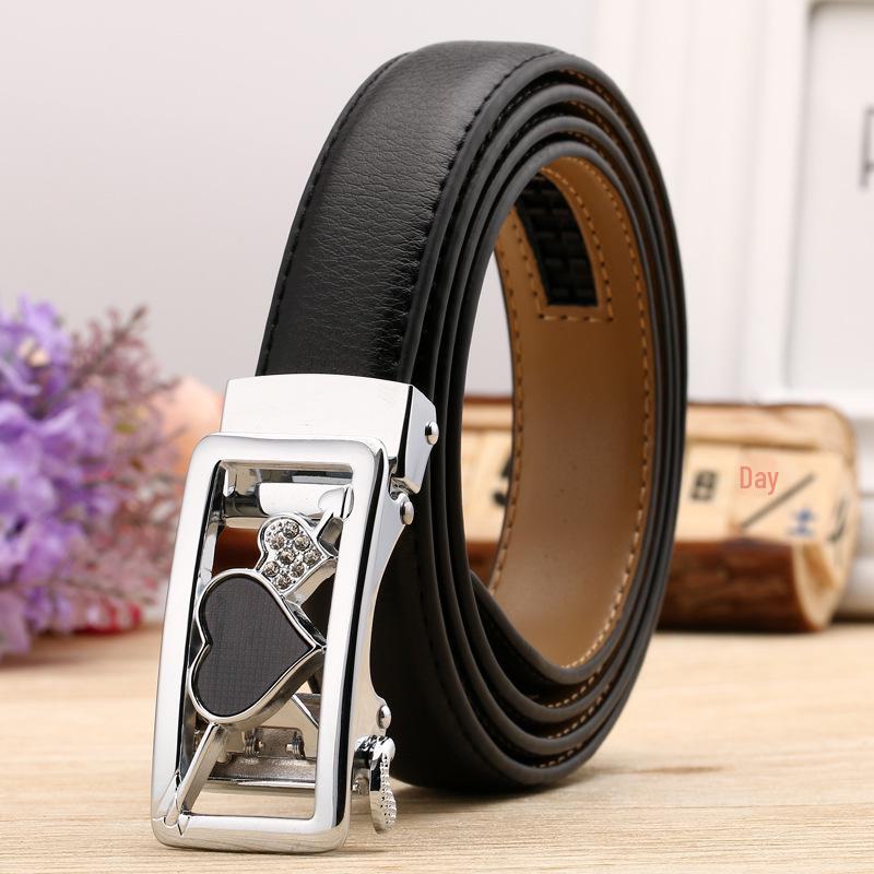 Women's Casual Double-Sided Lychee Pattern Leather Belt with Automatic Buckle