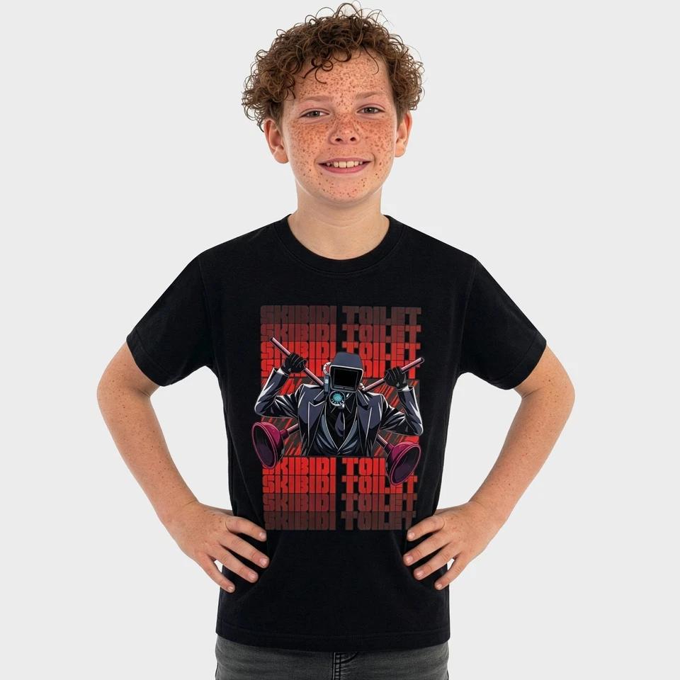 Skibidi Toilet Children s T-shirt | Plunger Man Boys Tshirt | Black Kids Skibidi T Shirt 100