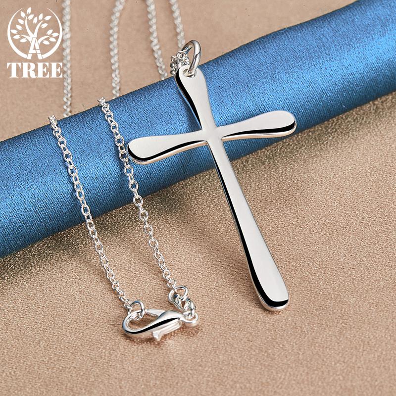 AliZero 925 Sterling Silver Flat Cross 18Inch Pendant Necklace for Women Wedding Fashion Jewelry