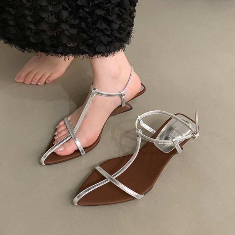 Fashion 205 New  Summer Womens Sandals Narrow Band Low Heels Shoes Fashion Pointed Toe Buckle Strap Zapatos De Mujer