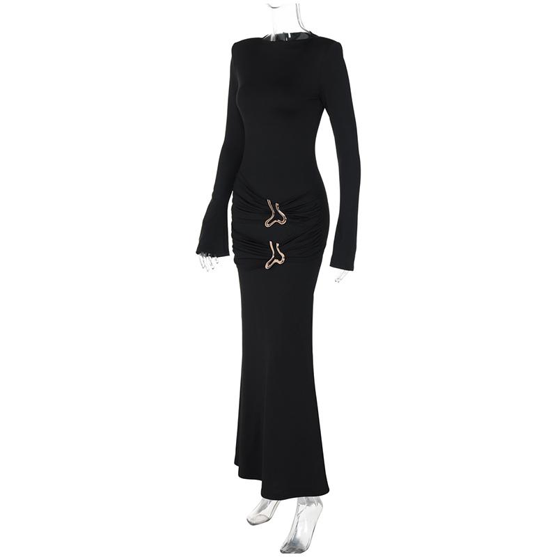 Elegant Ruched Maxi Dress for Women Fashion Sexy Long Sleeve Autumn O-neck Evening Party Dresses