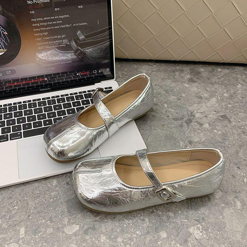 Mary Jane Shoes Summer New Shallow Mouth Round Head One Word Buckle Strap Flat Bottom Fashion Versatile Pearl Shoelace Single Shoes
