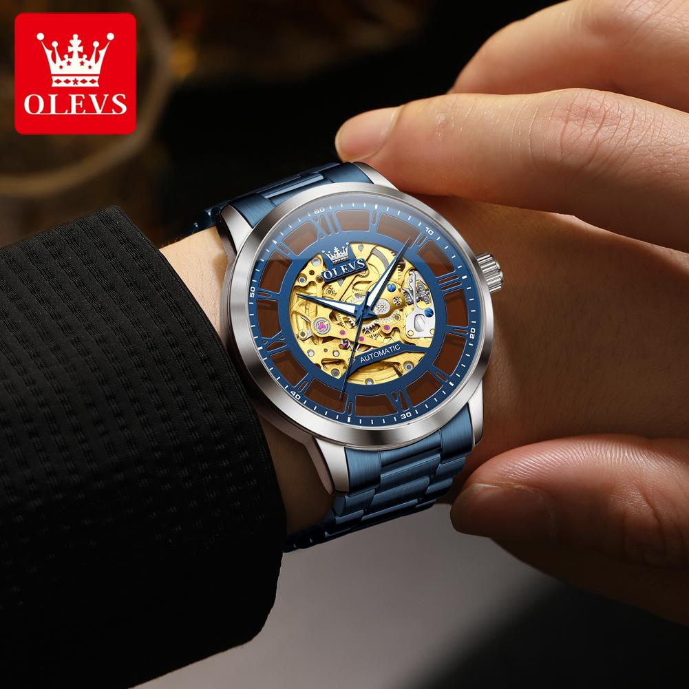 OLEVS 6728 Skeleton Mechanical Wristwatches For Men Original Stainless Steel Luminous Automatic Men's Watch