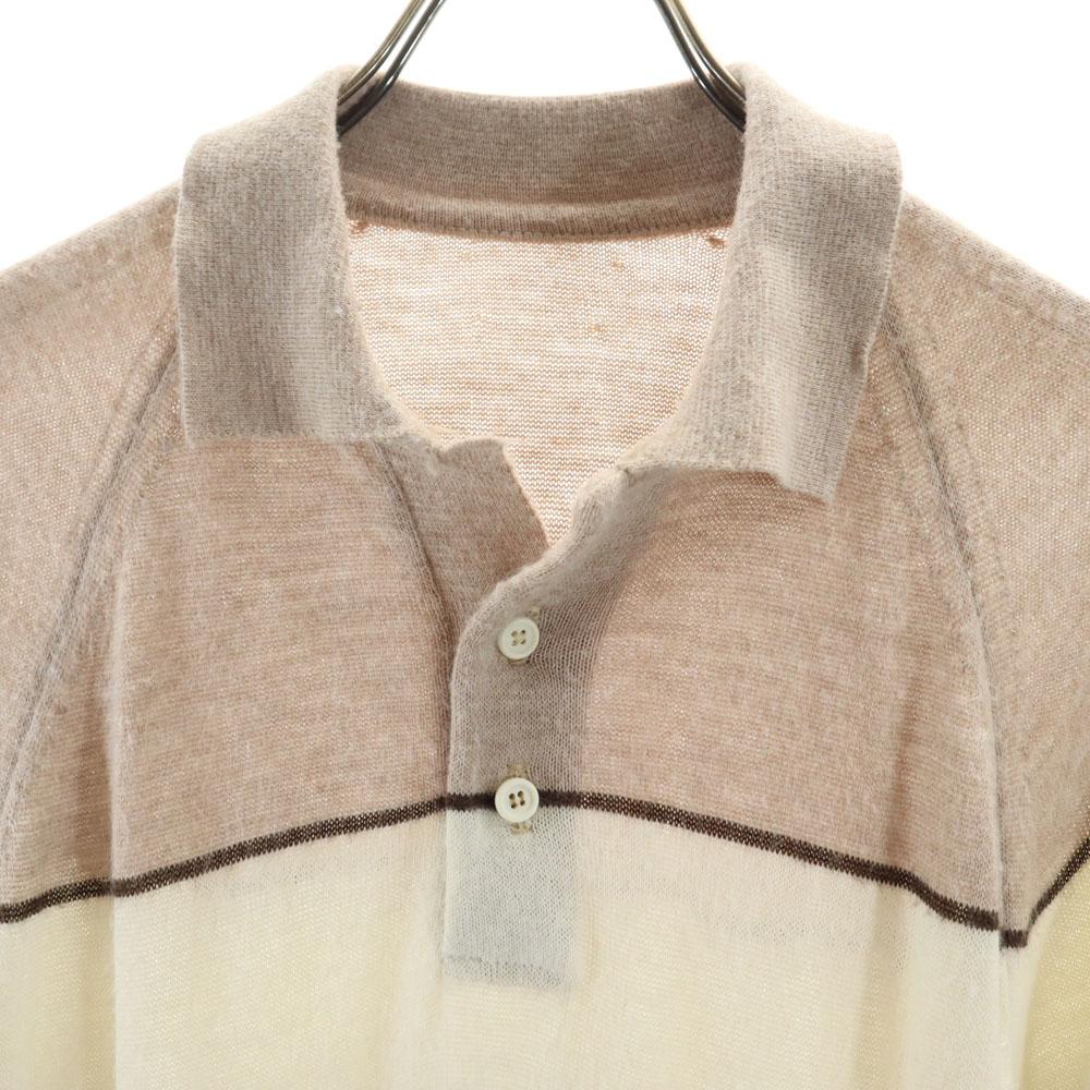 VINTAGE 70s 80s Border Pattern Long sleeve Polo sweater M Brown etc knit Men's Used