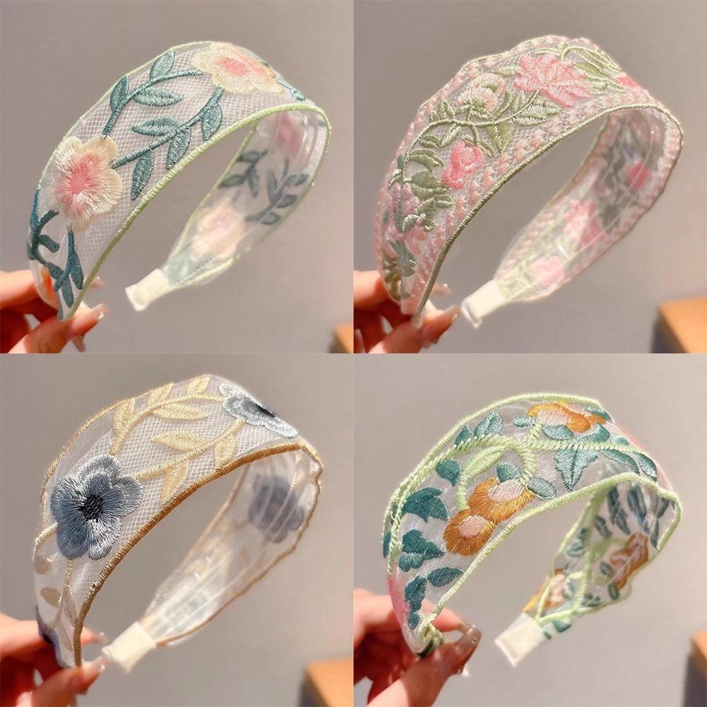 Wide Edge Embroidered Flower Headband Elegant Chiffon Hairband Women Fashion Hair Accessories