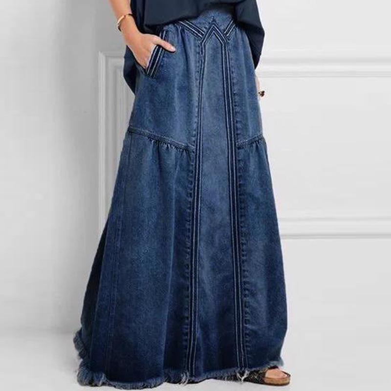 Jupe midi trapèze en denim pour femme Printemps/Été transfrontalière avec ourlet effiloché et taille haute élastiquée