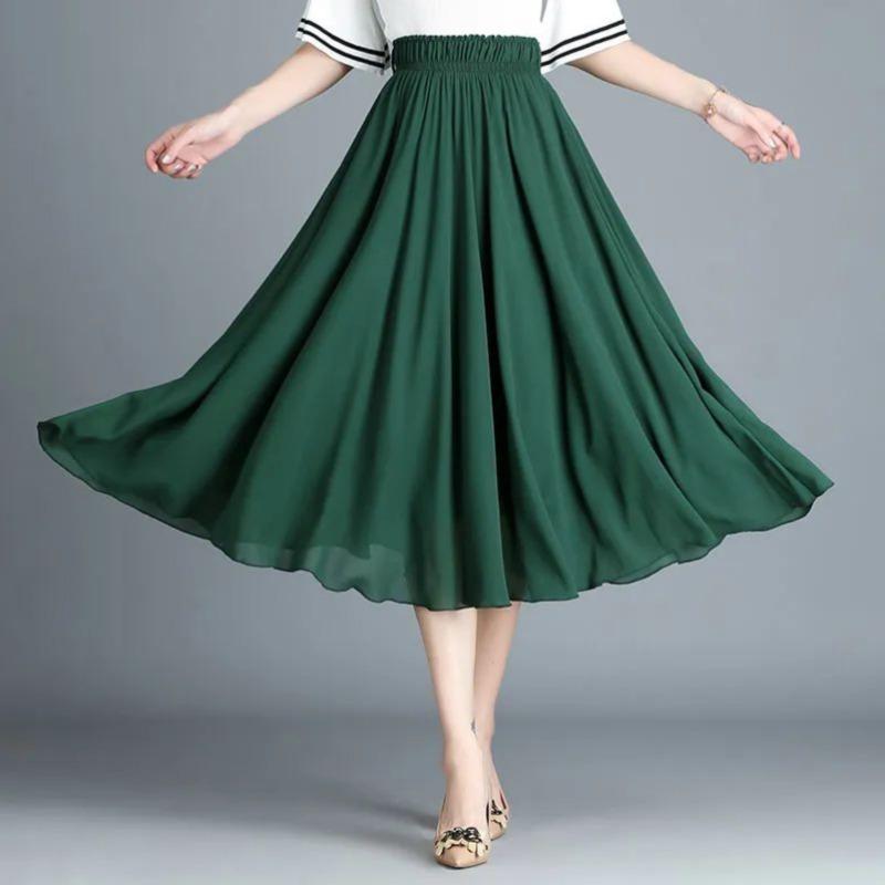 Chiffon Skirt Elastic Waistband Design Solid Color Women's High Waisted Dance Skirt Medium Length A-word Draping Long Skirt Commute Simple Casual
