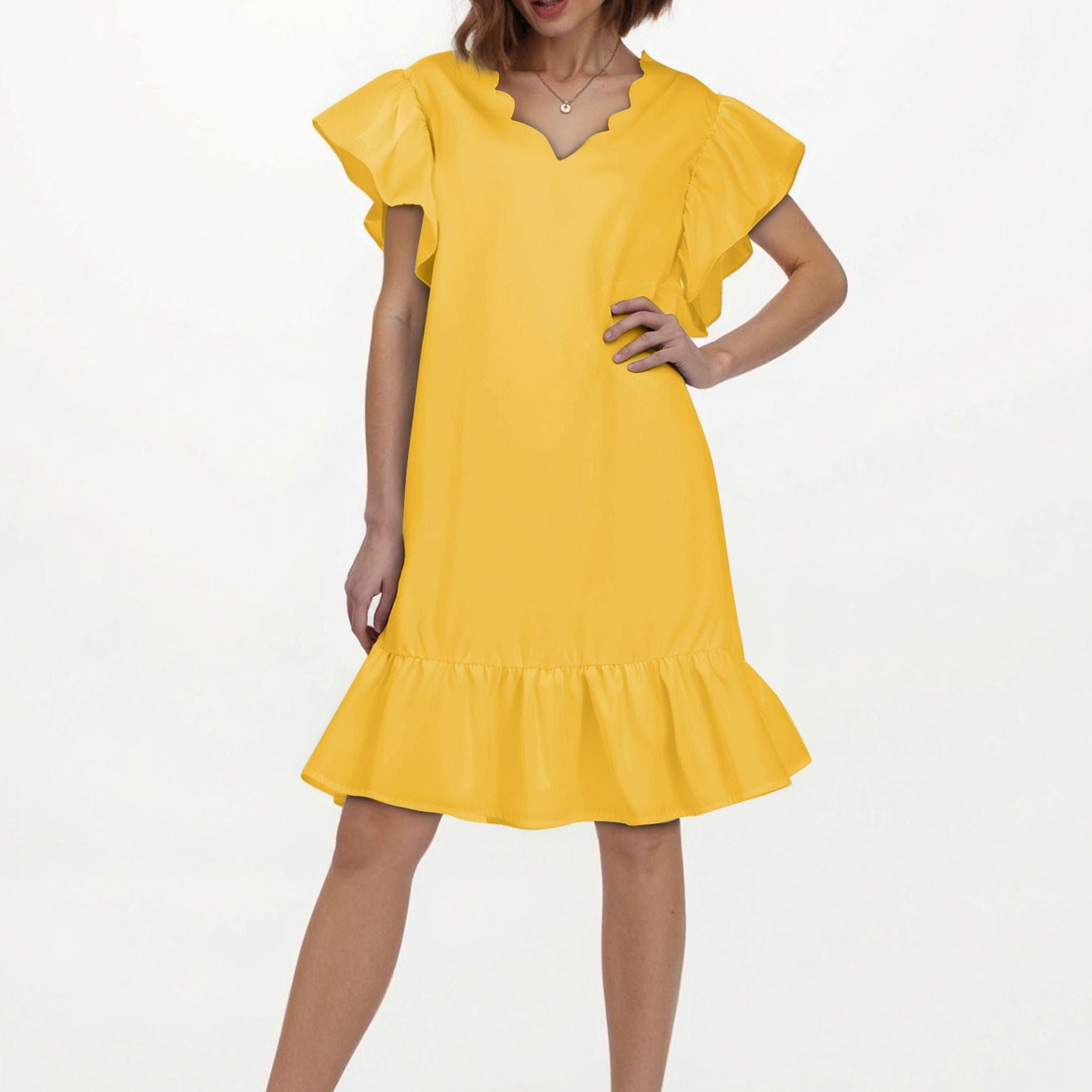

Женское модное повседневное платье с V-образным вырезом и волнистым краем, однотонное, с коротким рукавом XL жёлтый