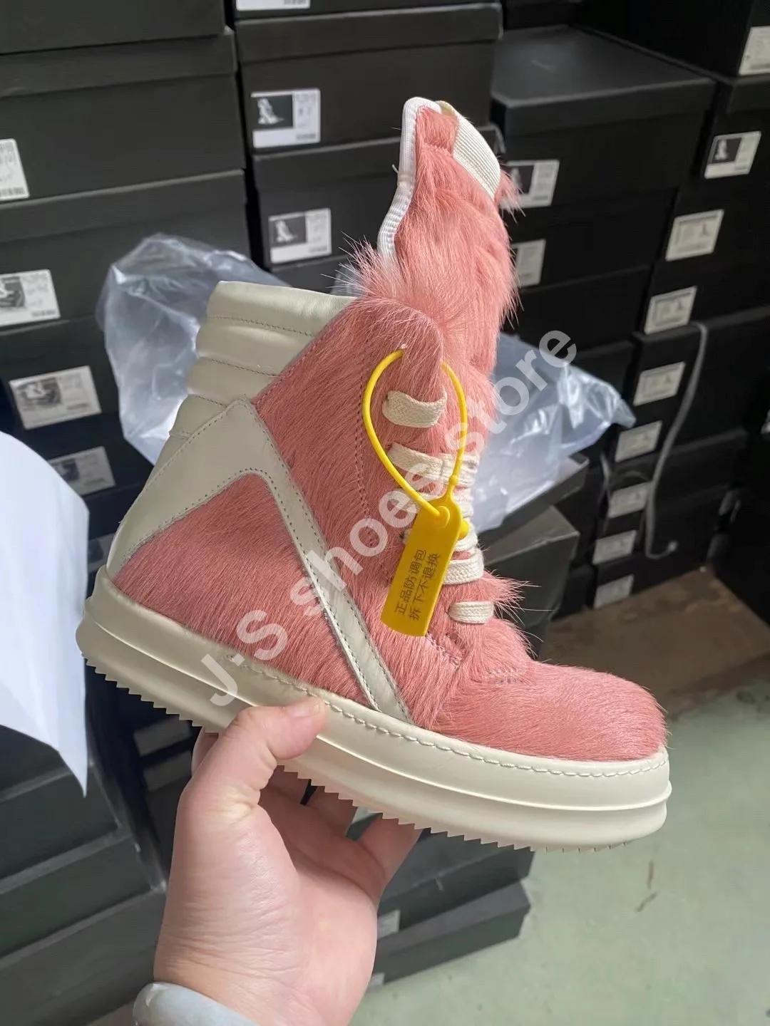 

Men Shoe Ro Pink Horsehair Boots Women High Top Shoes Pink Horse Hair Ankle Boot Casual Sneaker Zipper Lace Up Flat Sneakers 34