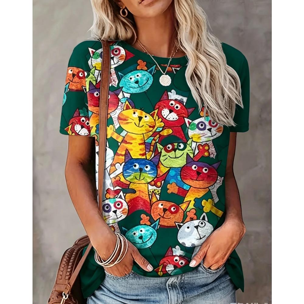 Vibrant Multi-Color Women s Tee - Playful Cartoon Cats Graphic S